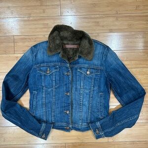 Joe's Jeans Blue Denim Jacket with Brown Faux Fur Collar